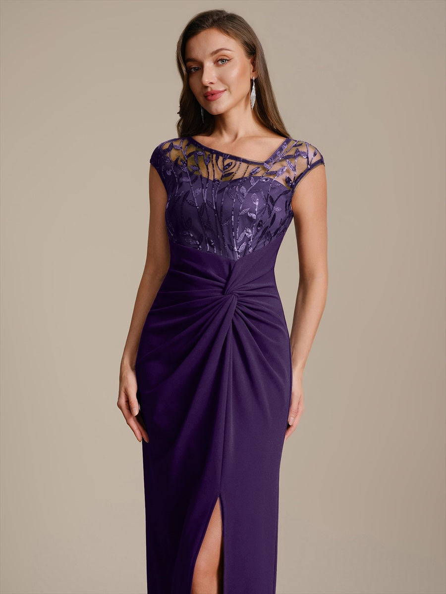 Robe longue moulante asymétrique à manches courtes en sequins extensibles #Couleur_Violet Fonce