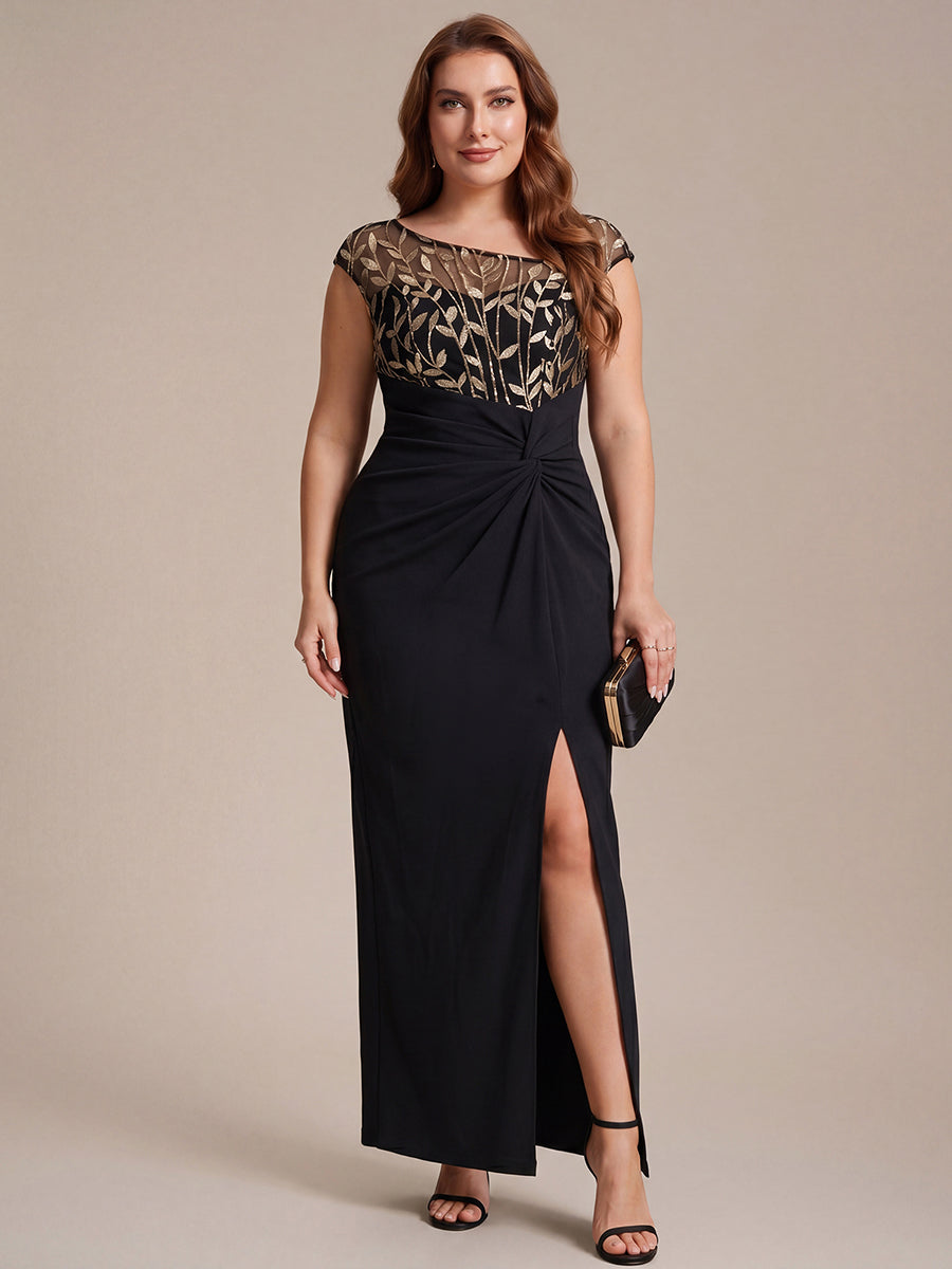 Robe longue moulante asymétrique à manches courtes en sequins extensibles #Couleur_Noir & Or
