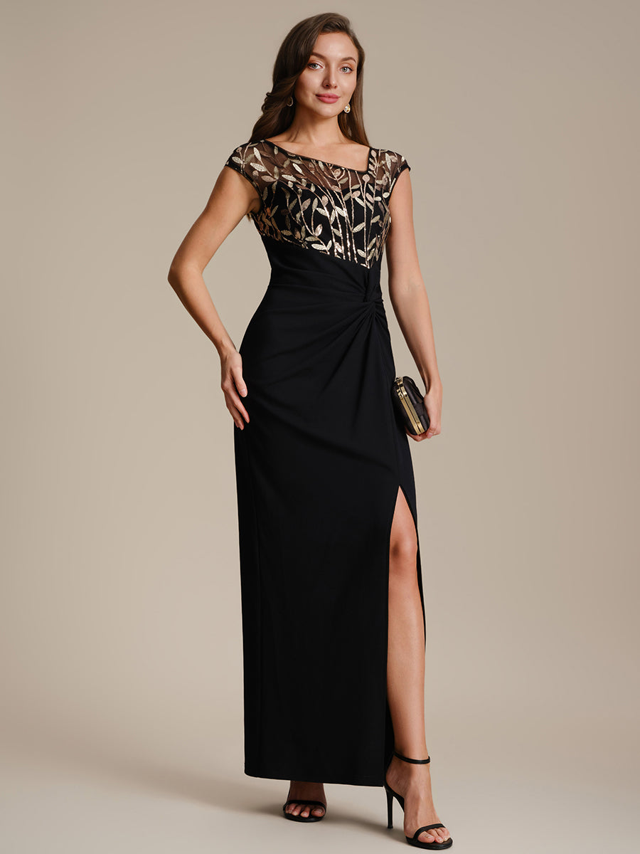 Robe longue moulante asymétrique à manches courtes en sequins extensibles #Couleur_Noir & Or