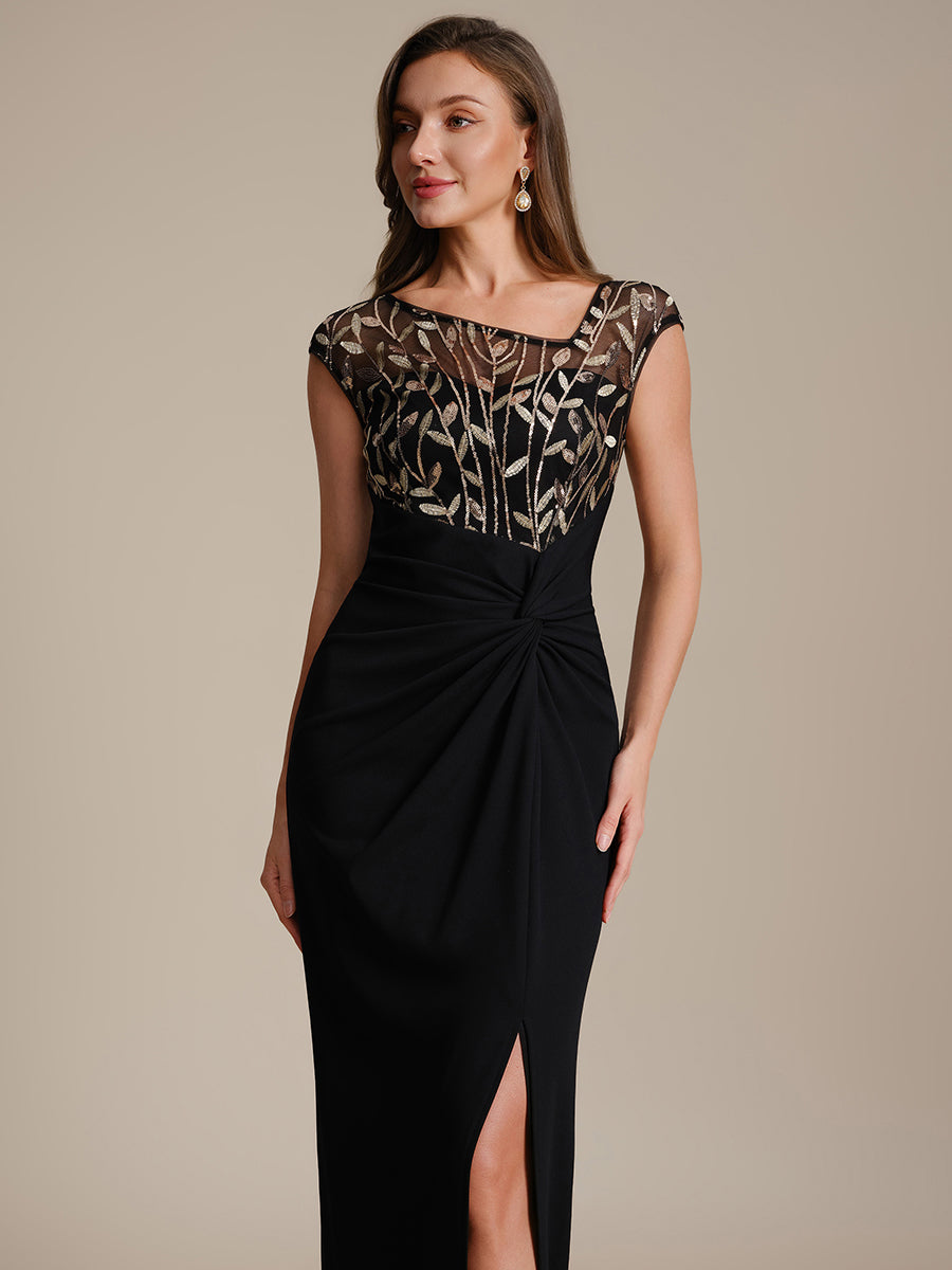 Robe longue moulante asymétrique à manches courtes en sequins extensibles #Couleur_Noir & Or