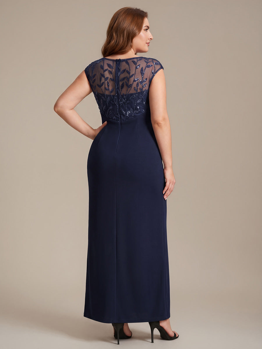 Robe longue moulante asymétrique à manches courtes en sequins extensibles #Couleur_Bleu Marine