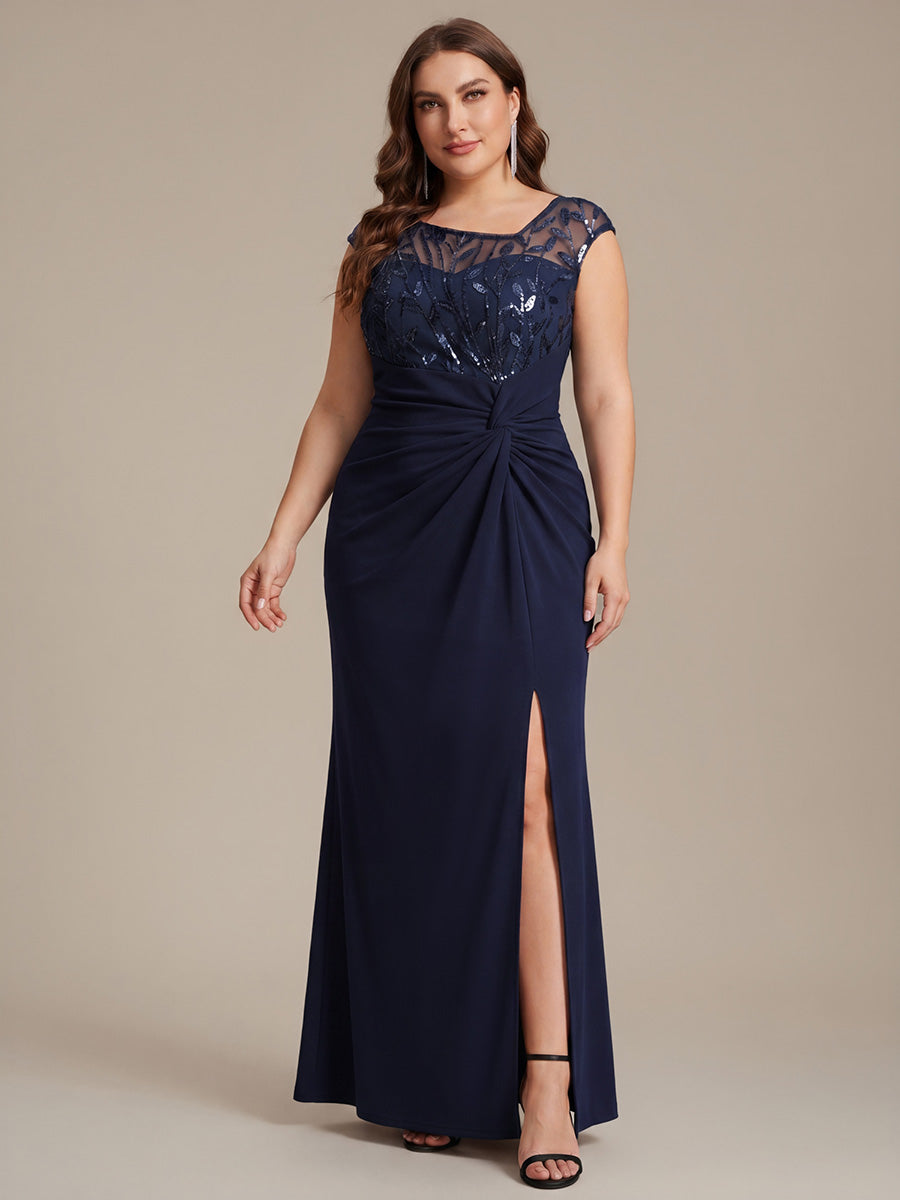 Robe longue moulante asymétrique à manches courtes en sequins extensibles #Couleur_Bleu Marine