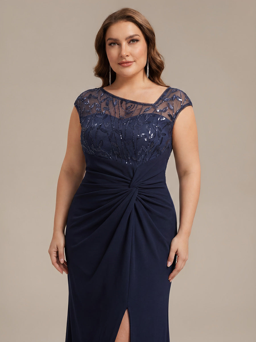 Robe longue moulante asymétrique à manches courtes en sequins extensibles #Couleur_Bleu Marine