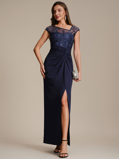 Robe longue moulante asymétrique à manches courtes en sequins extensibles