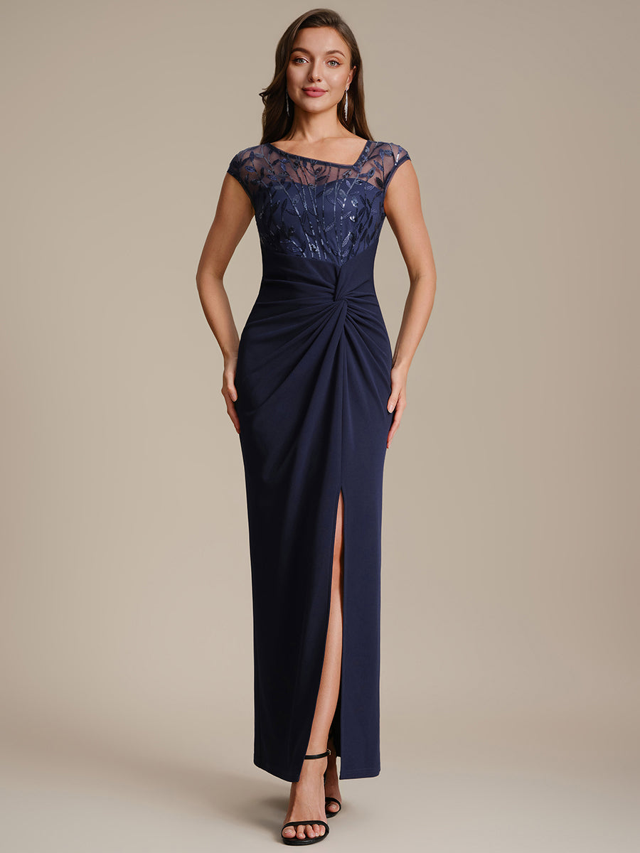 Robe longue moulante asymétrique à manches courtes en sequins extensibles #Couleur_Bleu Marine