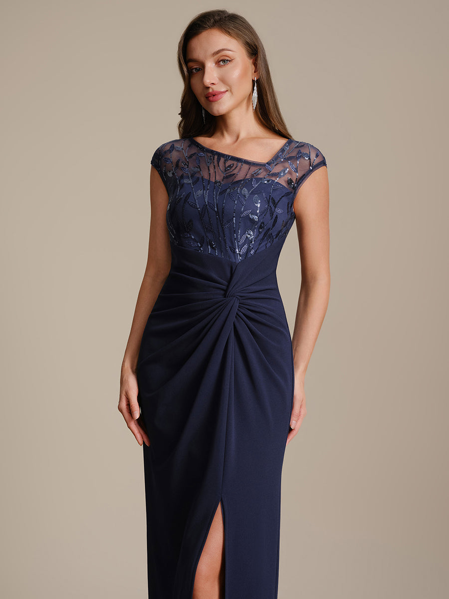 Robe longue moulante asymétrique à manches courtes en sequins extensibles #Couleur_Bleu Marine