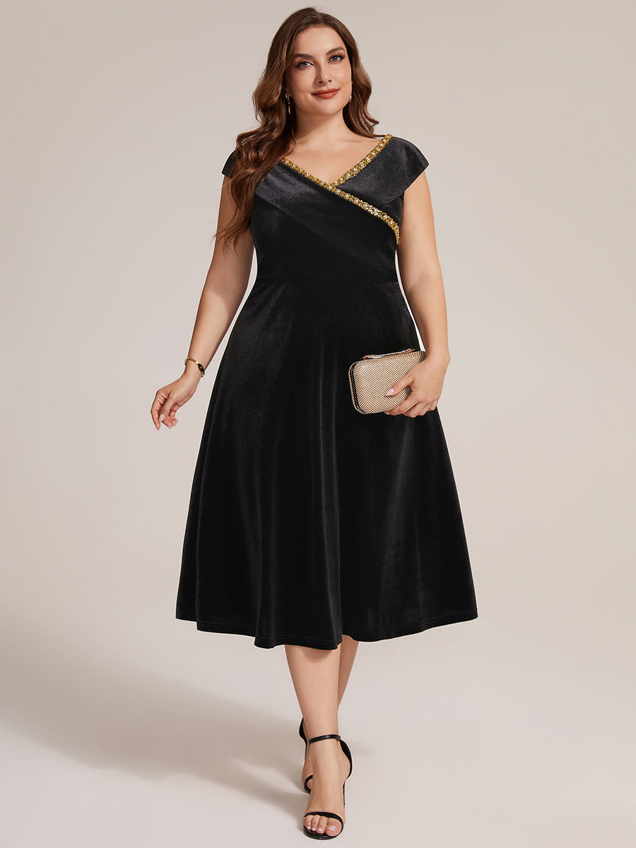 Velours Col V Coupe trapèze Fermeture zippée au dos Sans coques, avec doublure. robe mariage invitée #Couleur_Noir