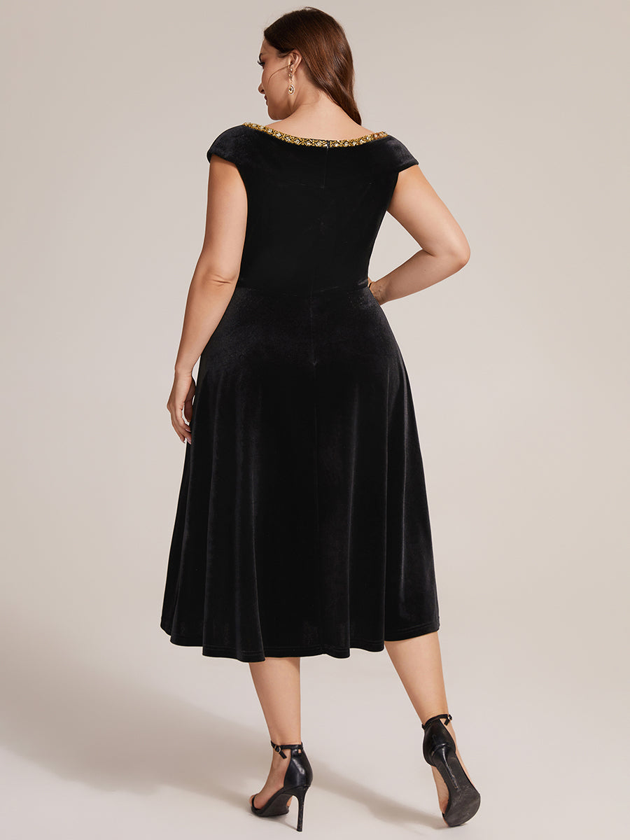 Velours Col V Coupe trapèze Fermeture zippée au dos Sans coques, avec doublure. robe mariage invitée #Couleur_Noir