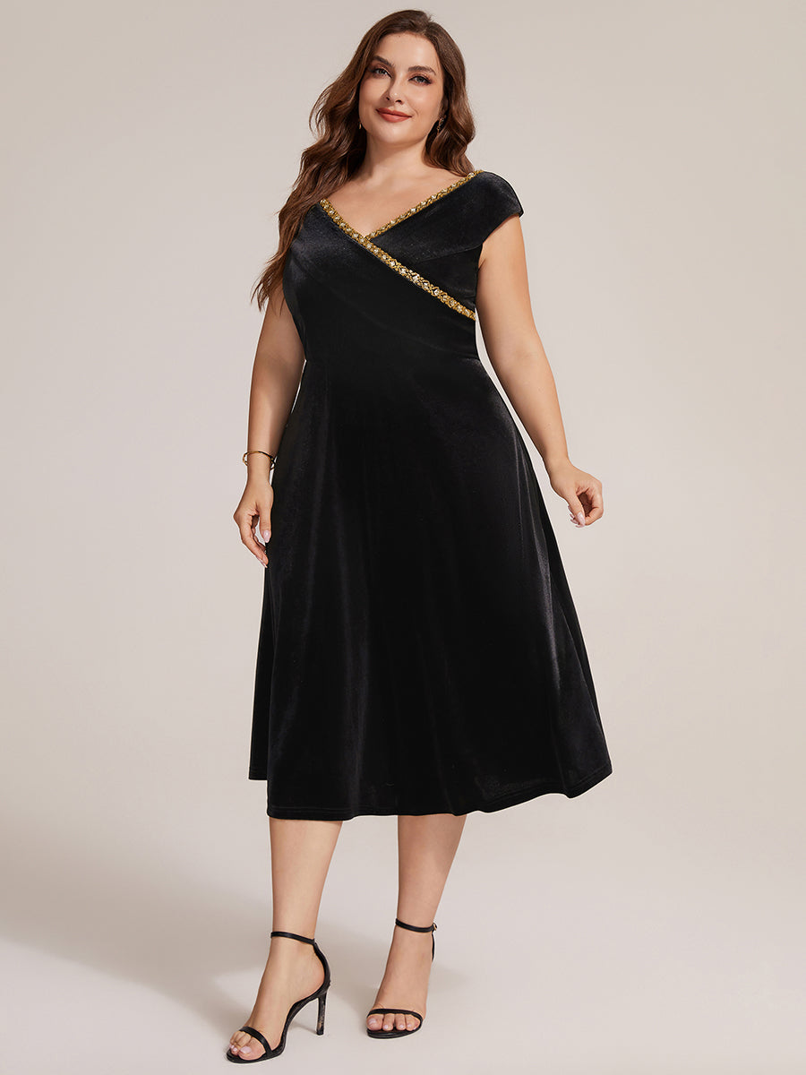 Velours Col V Coupe trapèze Fermeture zippée au dos Sans coques, avec doublure. robe mariage invitée #Couleur_Noir