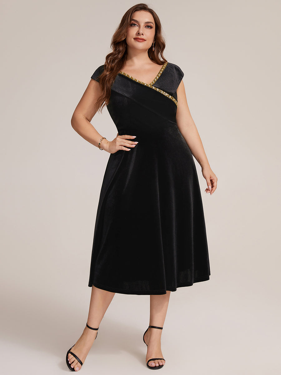 Velours Col V Coupe trapèze Fermeture zippée au dos Sans coques, avec doublure. robe mariage invitée #Couleur_Noir