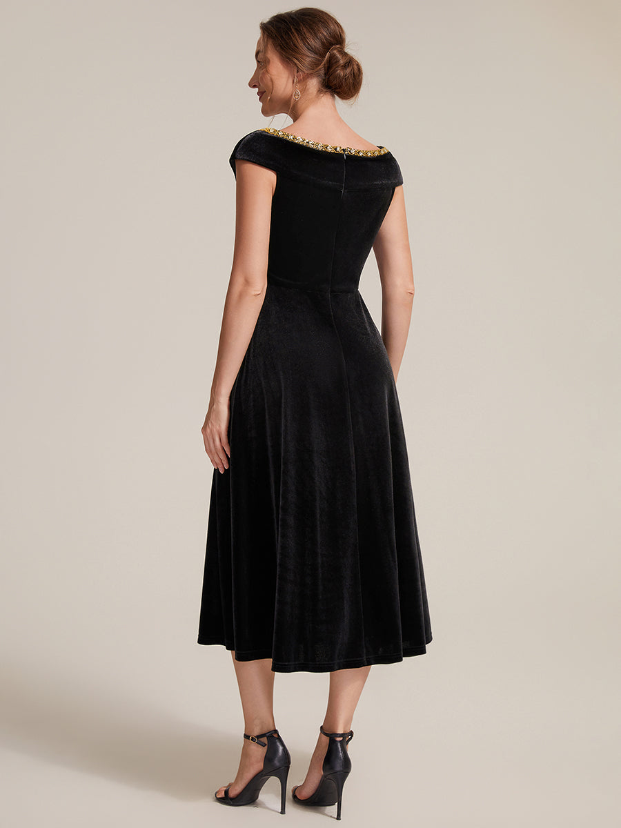Velours Col V Coupe trapèze Fermeture zippée au dos Sans coques, avec doublure. robe mariage invitée #Couleur_Noir