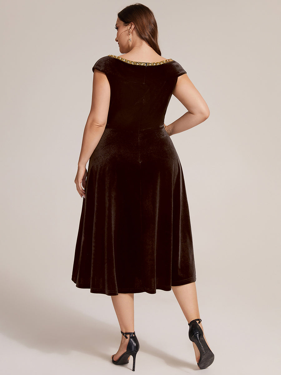Velours Col V Coupe trapèze Fermeture zippée au dos Sans coques, avec doublure. robe mariage invitée #Couleur_Braun