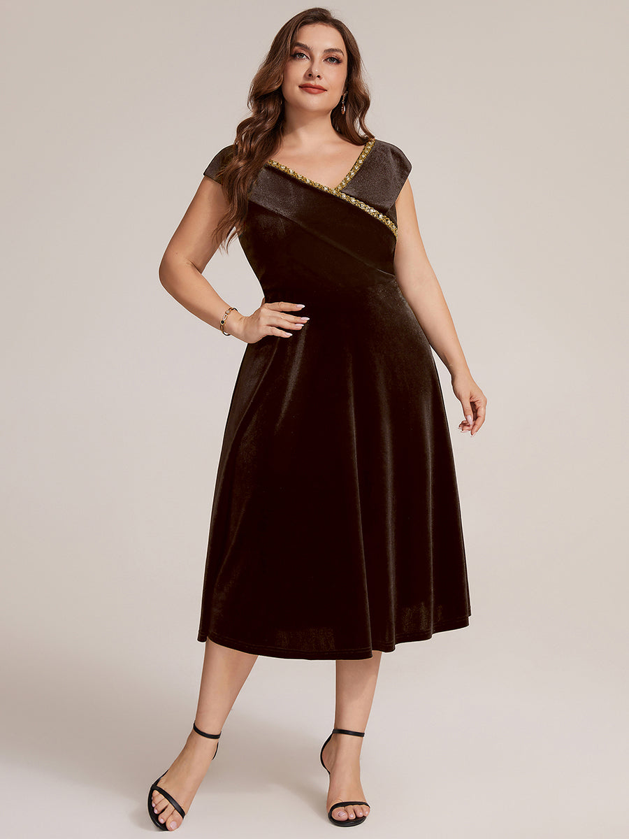 Velours Col V Coupe trapèze Fermeture zippée au dos Sans coques, avec doublure. robe mariage invitée #Couleur_Braun
