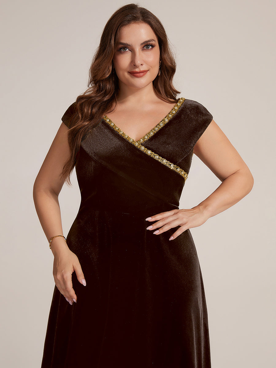 Velours Col V Coupe trapèze Fermeture zippée au dos Sans coques, avec doublure. robe mariage invitée #Couleur_Braun