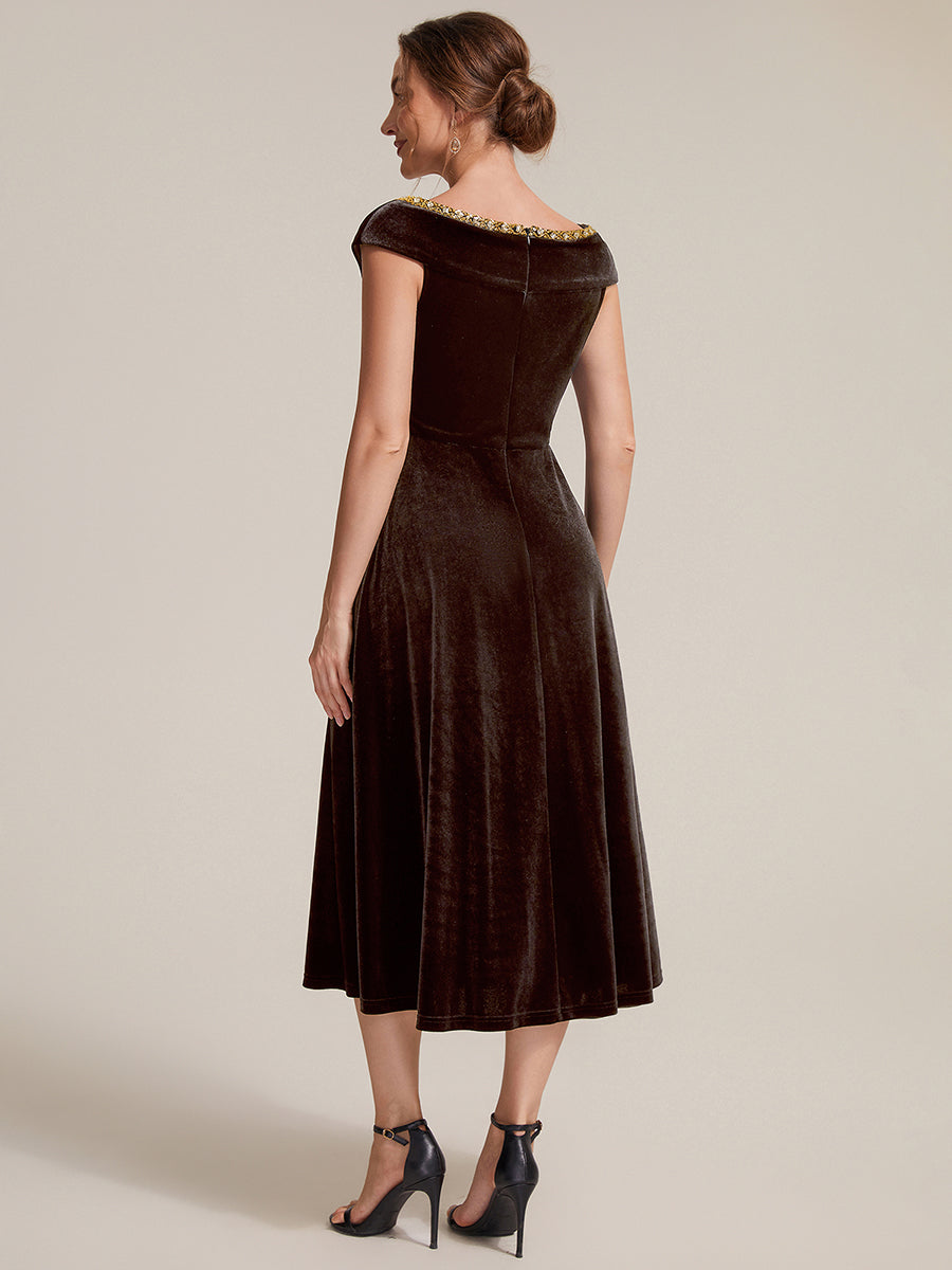 Velours Col V Coupe trapèze Fermeture zippée au dos Sans coques, avec doublure. robe mariage invitée #Couleur_Braun