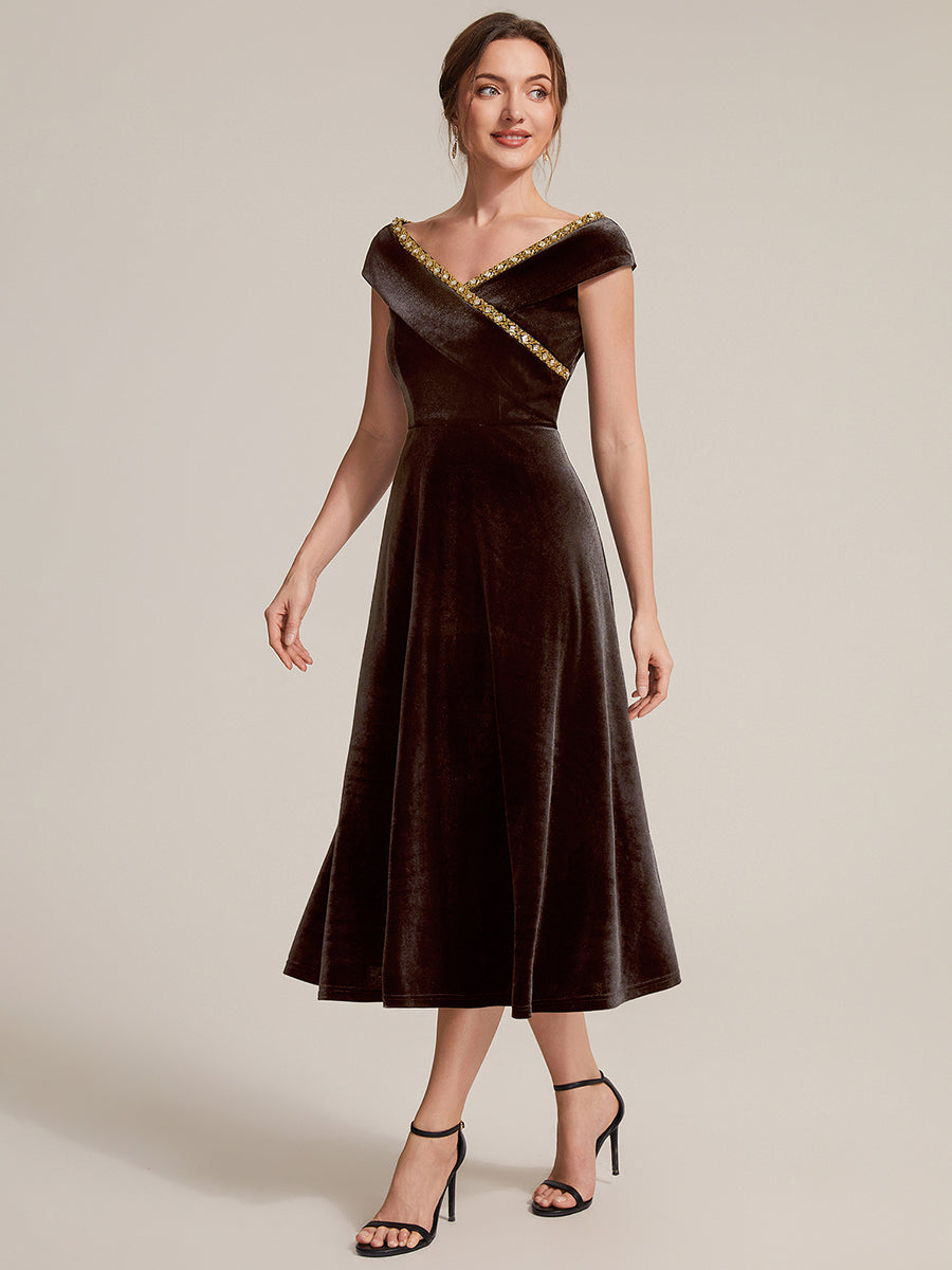 Velours Col V Coupe trapèze Fermeture zippée au dos Sans coques, avec doublure. robe mariage invitée #Couleur_Braun