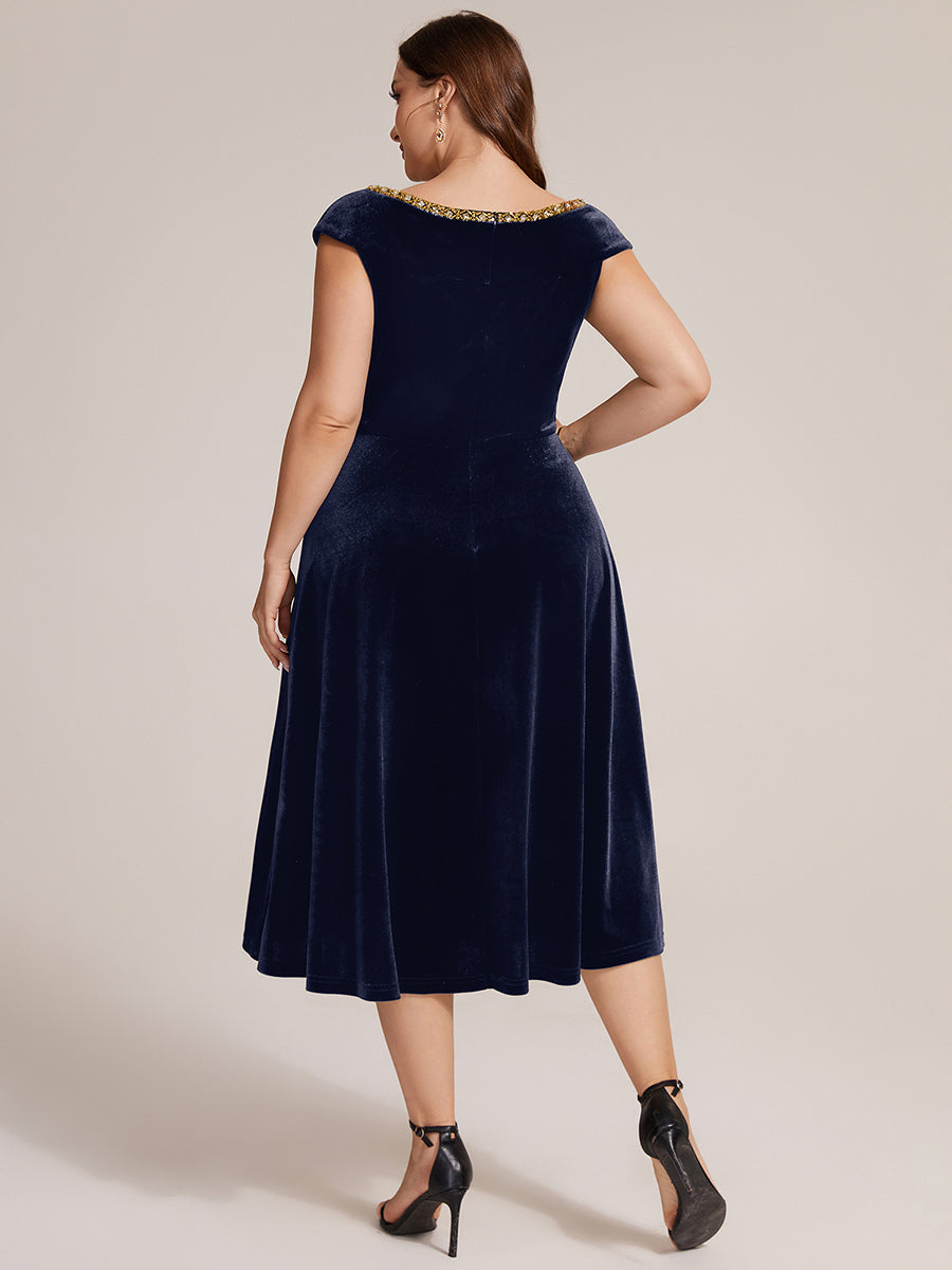 Velours Col V Coupe trapèze Fermeture zippée au dos Sans coques, avec doublure. robe mariage invitée #Couleur_Bleu Marine