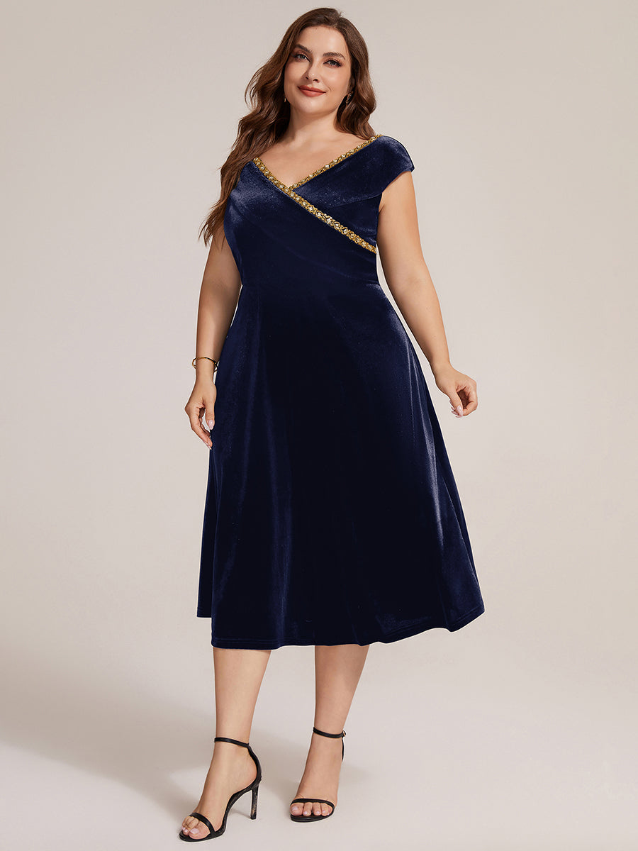 Velours Col V Coupe trapèze Fermeture zippée au dos Sans coques, avec doublure. robe mariage invitée #Couleur_Bleu Marine