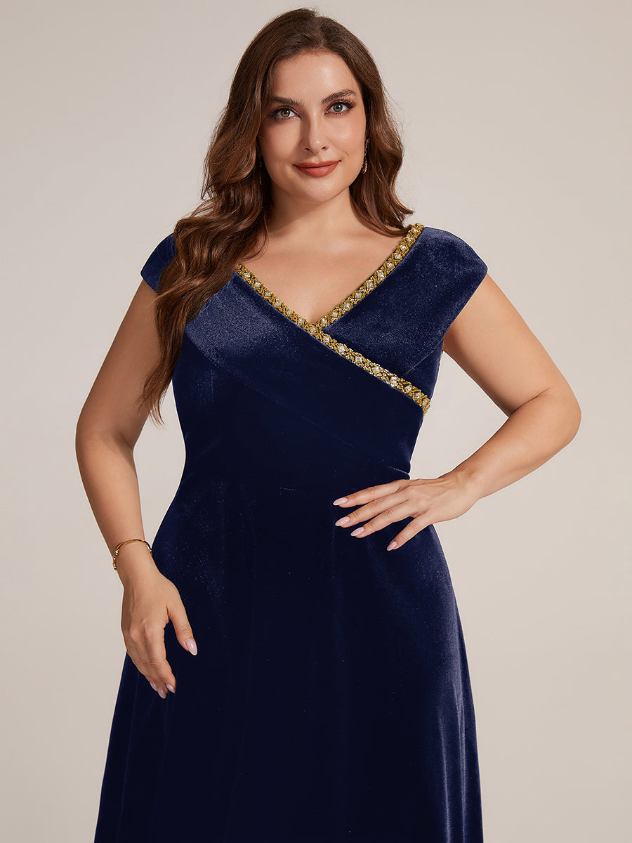 Velours Col V Coupe trapèze Fermeture zippée au dos Sans coques, avec doublure. robe mariage invitée #Couleur_Bleu Marine