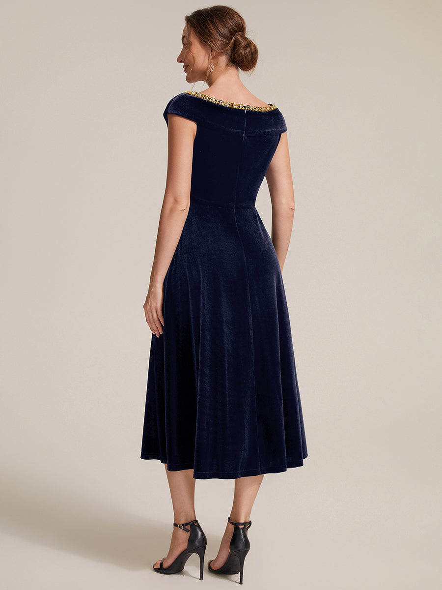 Velours Col V Coupe trapèze Fermeture zippée au dos Sans coques, avec doublure. robe mariage invitée #Couleur_Bleu Marine
