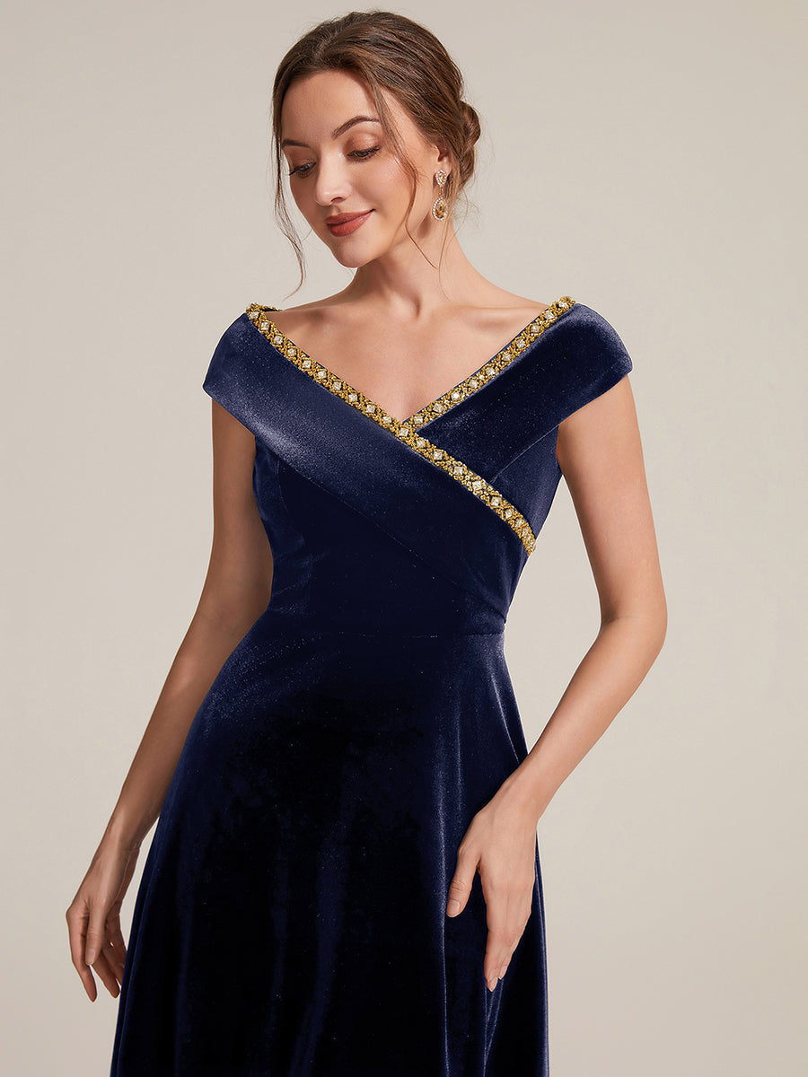 Velours Col V Coupe trapèze Fermeture zippée au dos Sans coques, avec doublure. robe mariage invitée #Couleur_Bleu Marine