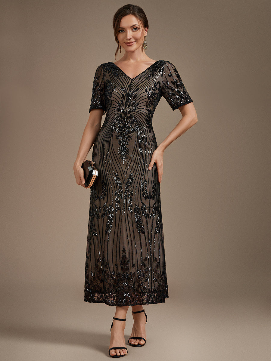 Sequins Col V Fourreau Manches courtes Fermeture zippée au dos Doublé Sans coques Robe #Couleur_Noir