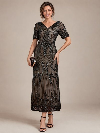 Robe midi à paillettes avec manches courtes