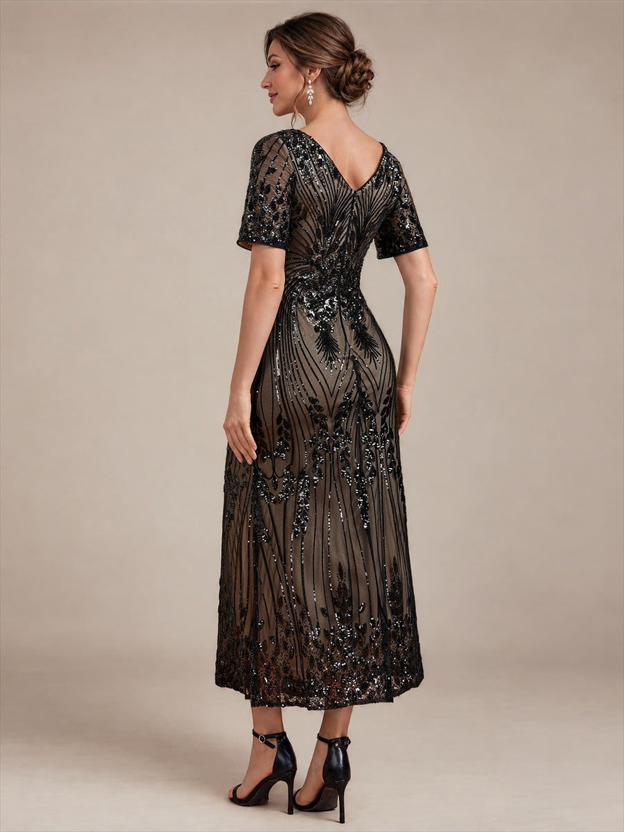Sequins Col V Fourreau Manches courtes Fermeture zippée au dos Doublé Sans coques Robe #Couleur_Noir
