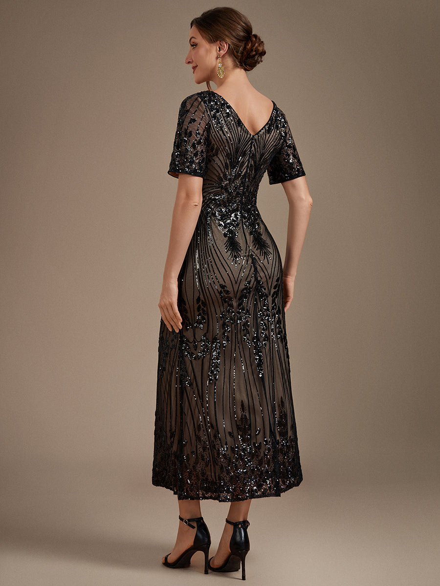 Sequins Col V Fourreau Manches courtes Fermeture zippée au dos Doublé Sans coques Robe #Couleur_Noir