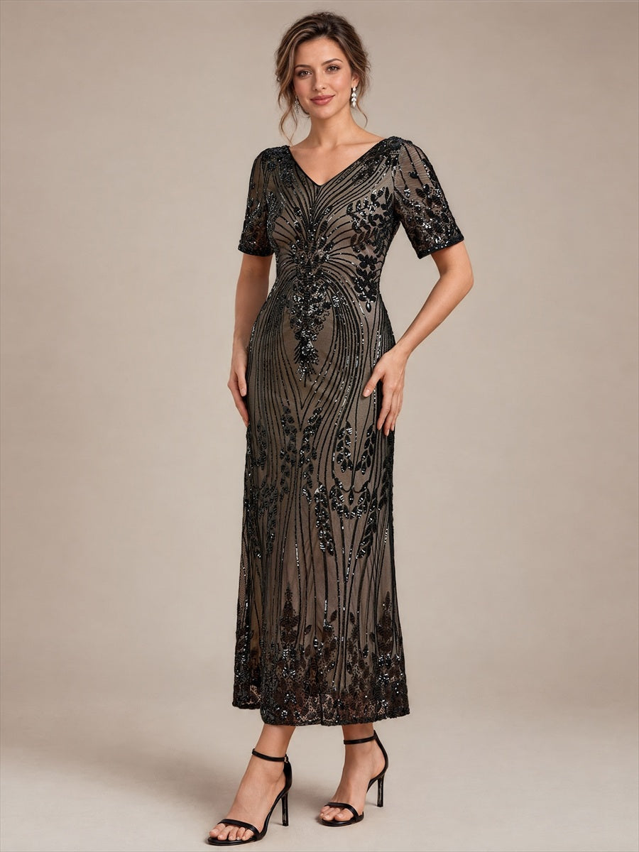 Sequins Col V Fourreau Manches courtes Fermeture zippée au dos Doublé Sans coques Robe #Couleur_Noir
