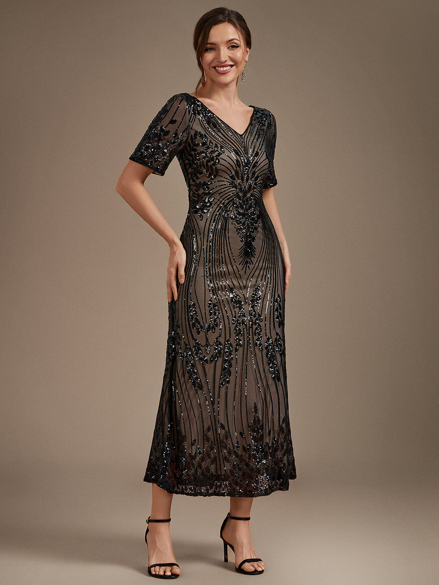 Sequins Col V Fourreau Manches courtes Fermeture zippée au dos Doublé Sans coques Robe #Couleur_Noir