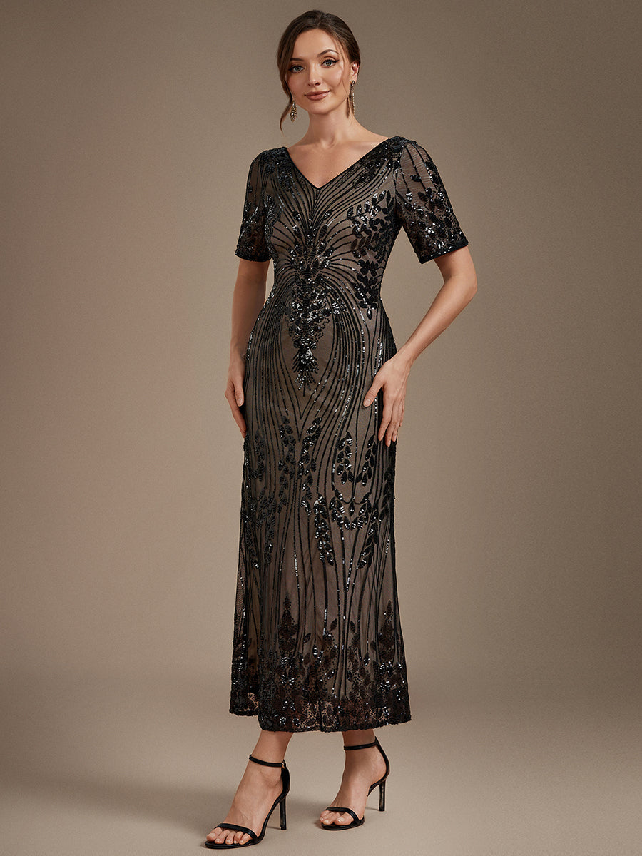 Sequins Col V Fourreau Manches courtes Fermeture zippée au dos Doublé Sans coques Robe #Couleur_Noir