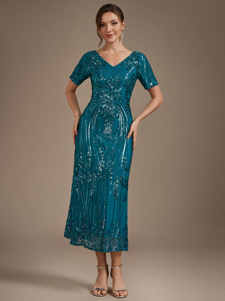 Sequins Col V Fourreau Manches courtes Fermeture zippée au dos Doublé Sans coques Robe #Couleur_Bleu Sarcelle