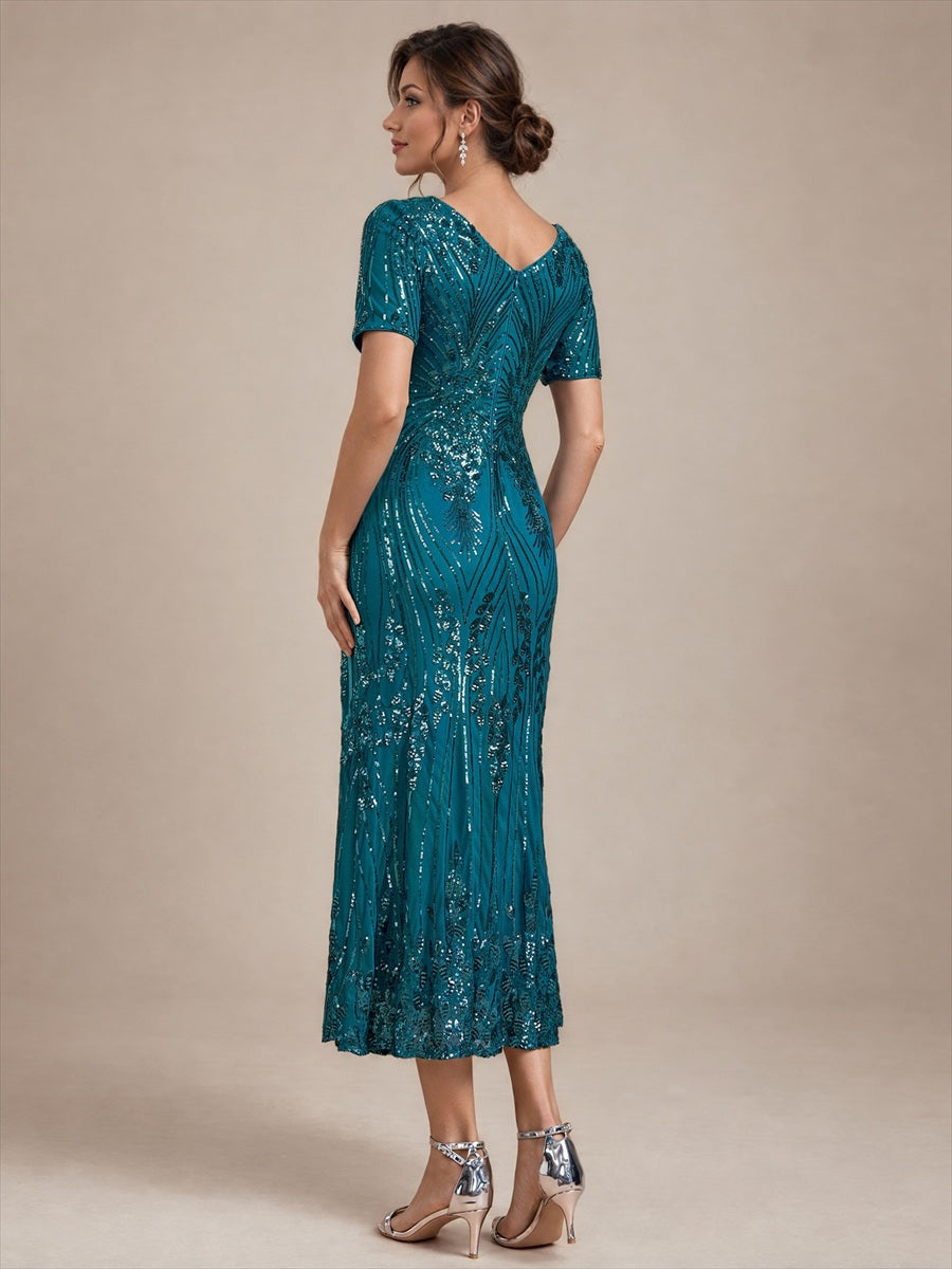 Sequins Col V Fourreau Manches courtes Fermeture zippée au dos Doublé Sans coques Robe #Couleur_Bleu 