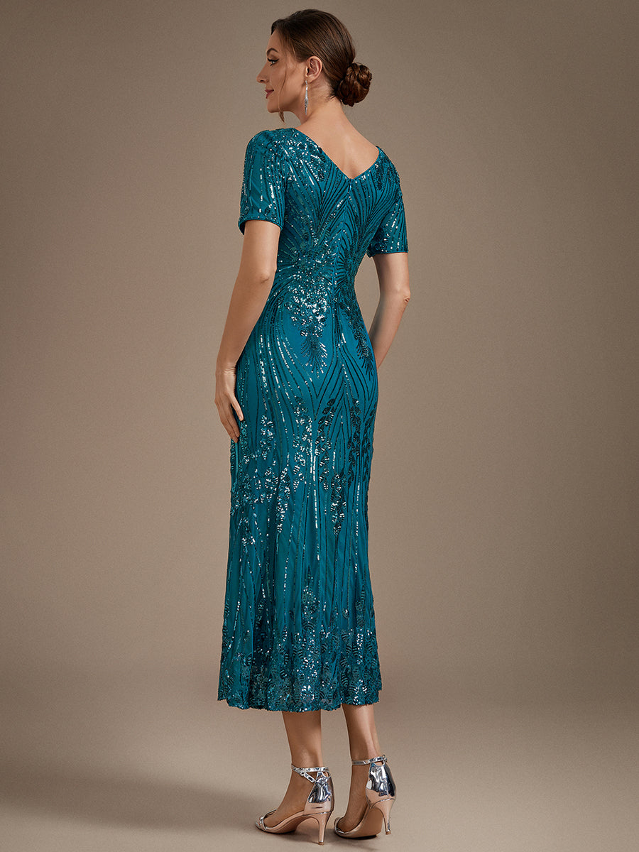 Sequins Col V Fourreau Manches courtes Fermeture zippée au dos Doublé Sans coques Robe #Couleur_Bleu Sarcelle