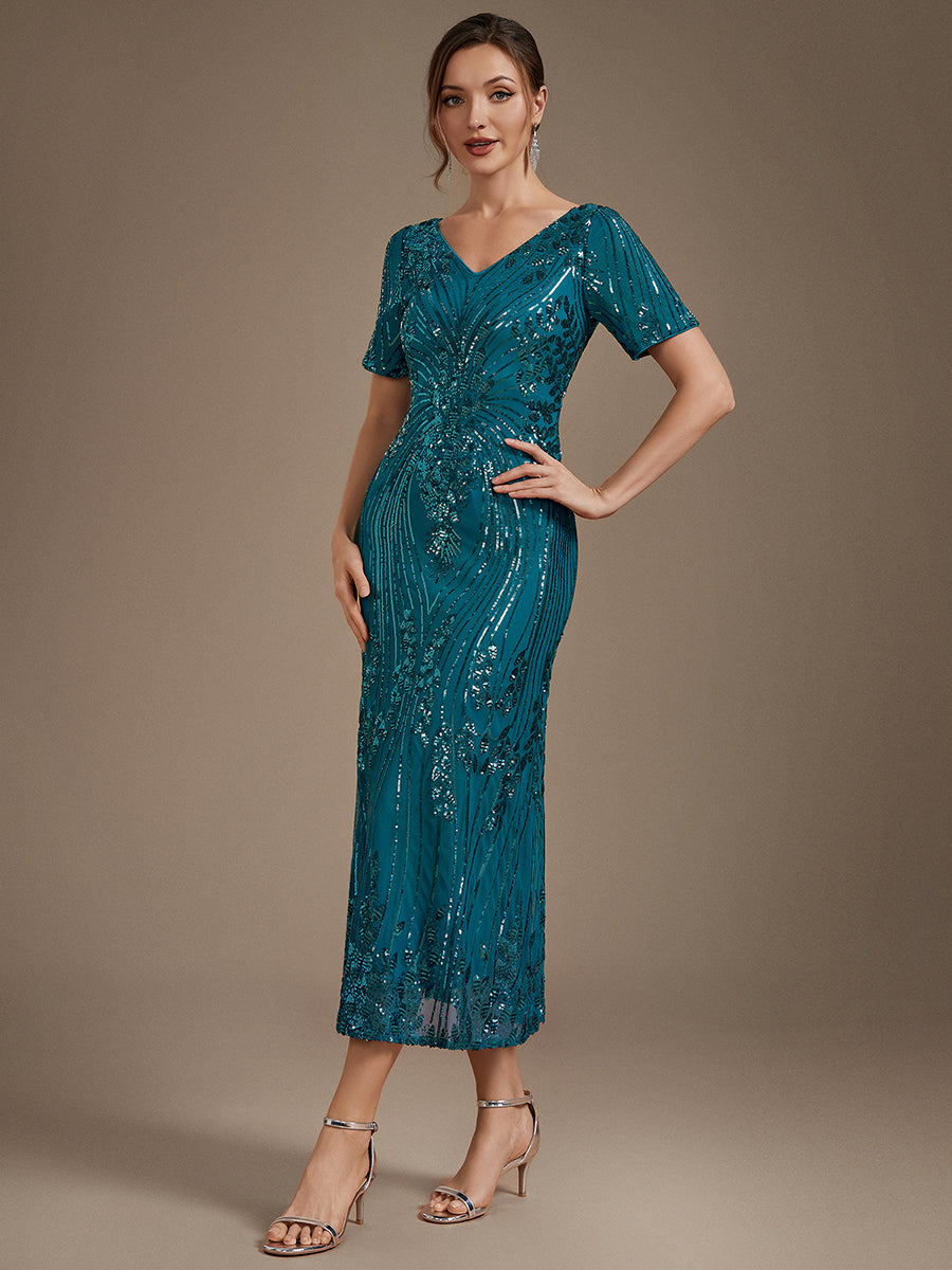 Sequins Col V Fourreau Manches courtes Fermeture zippée au dos Doublé Sans coques Robe #Couleur_Bleu Sarcelle