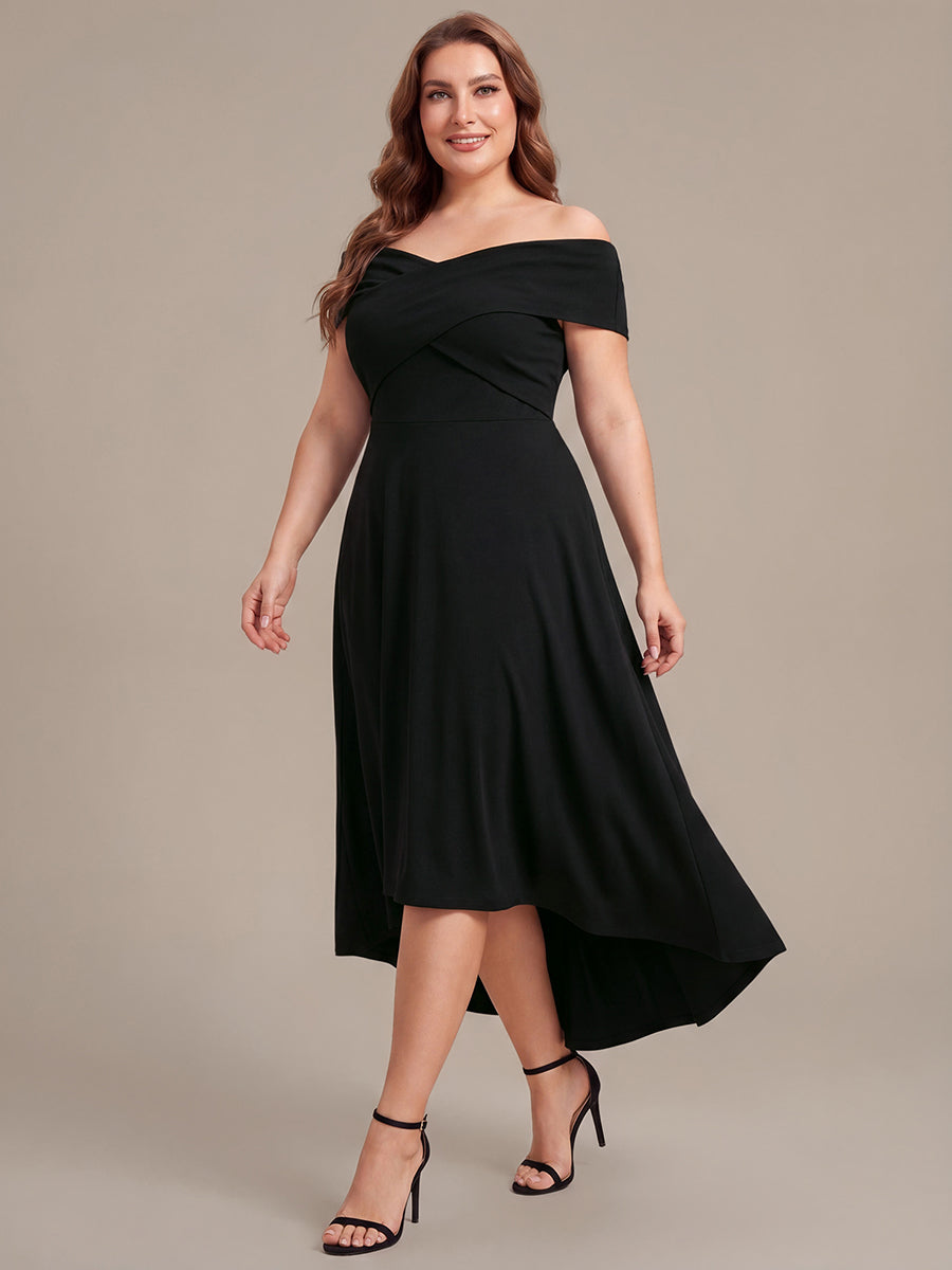 Robe ligne A asymétrique sans manches épaules dénudées col en V tissu extensible #Couleur_Noir