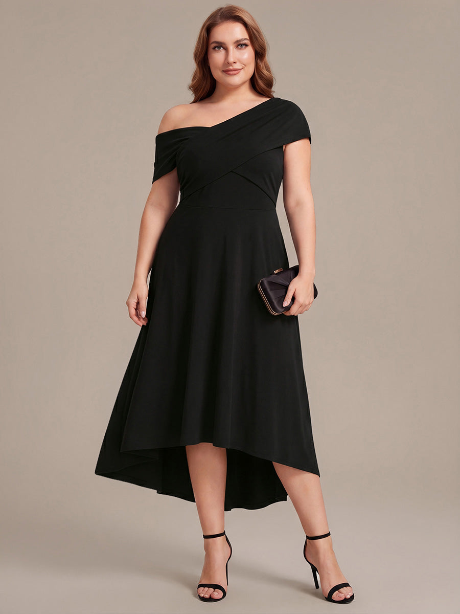 Robe ligne A asymétrique sans manches épaules dénudées col en V tissu extensible #Couleur_Noir