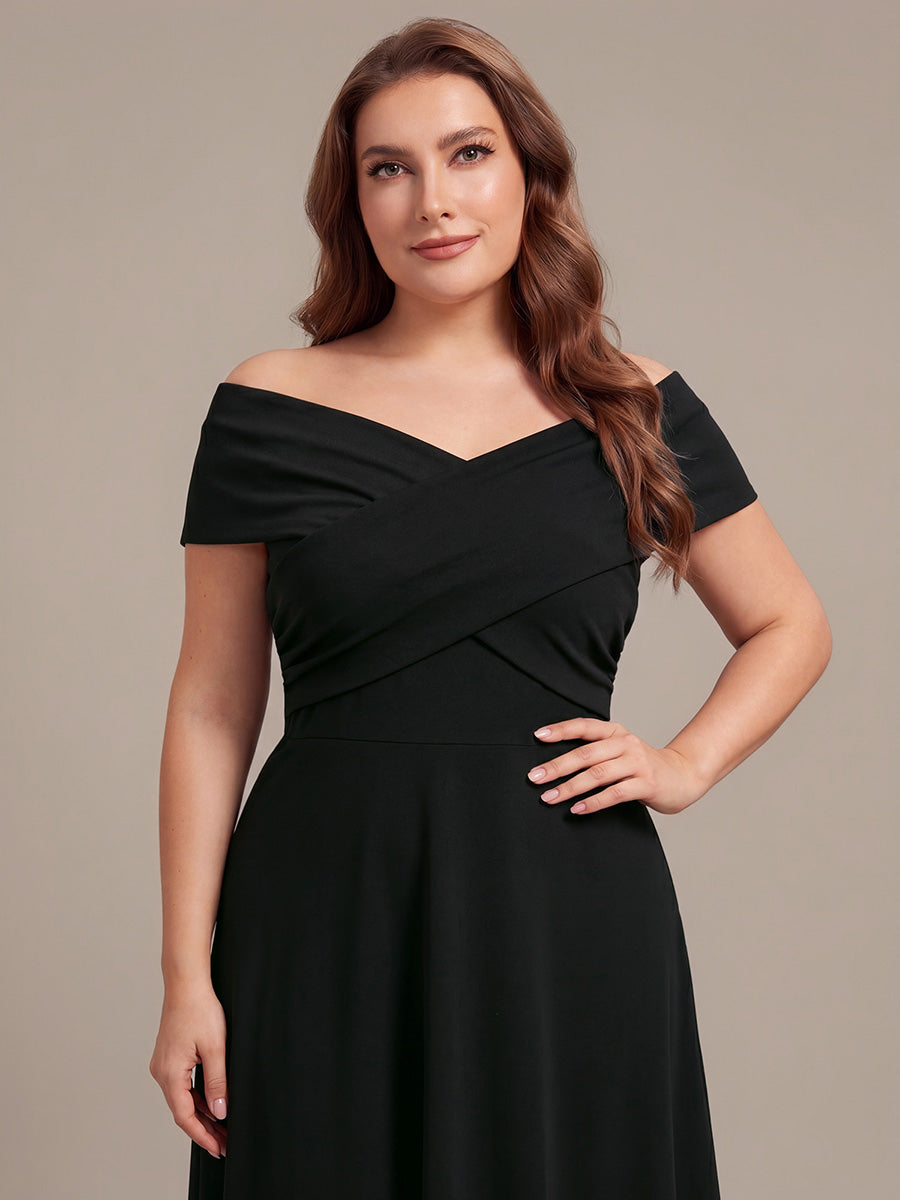 Robe ligne A asymétrique sans manches épaules dénudées col en V tissu extensible #Couleur_Noir