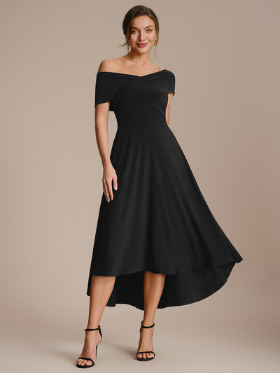 Robe ligne A asymétrique sans manches épaules dénudées col en V tissu extensible