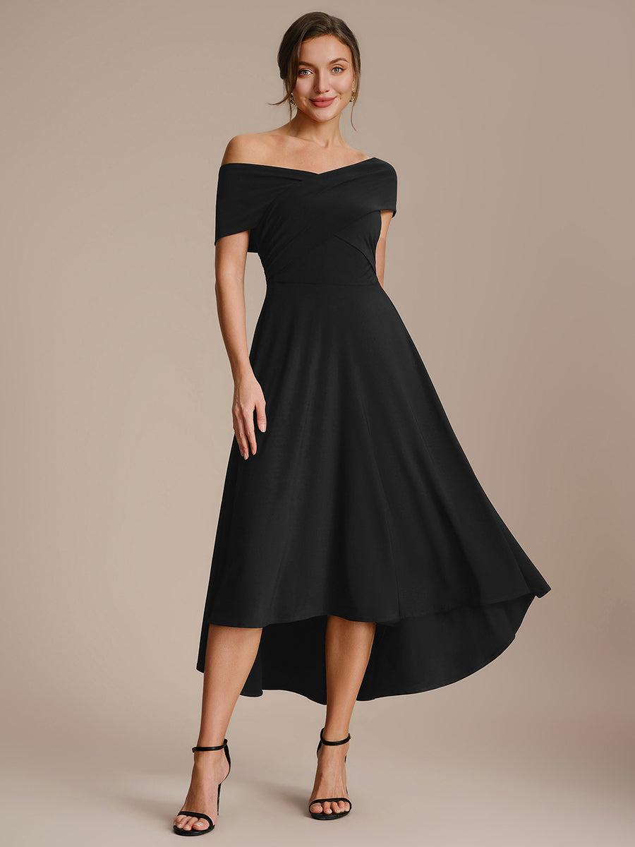 Robe ligne A asymétrique sans manches épaules dénudées col en V tissu extensible #Couleur_Noir