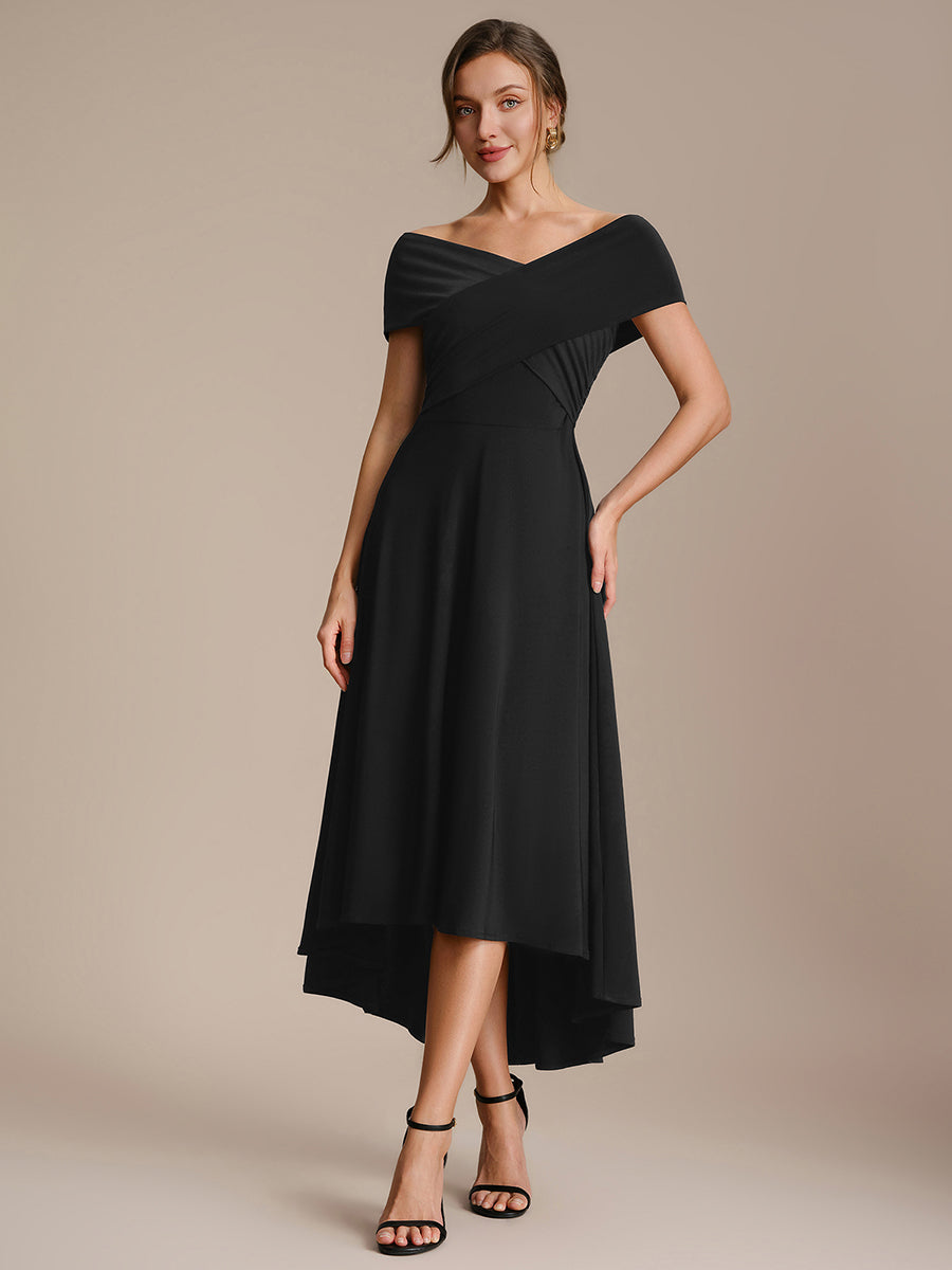 Robe ligne A asymétrique sans manches épaules dénudées col en V tissu extensible #Couleur_Noir