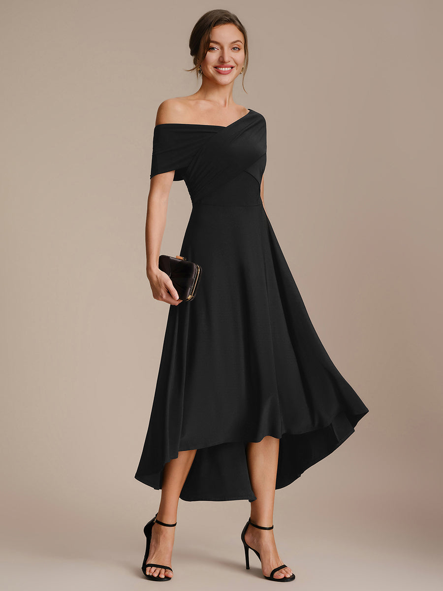 Robe ligne A asymétrique sans manches épaules dénudées col en V tissu extensible #Couleur_Noir