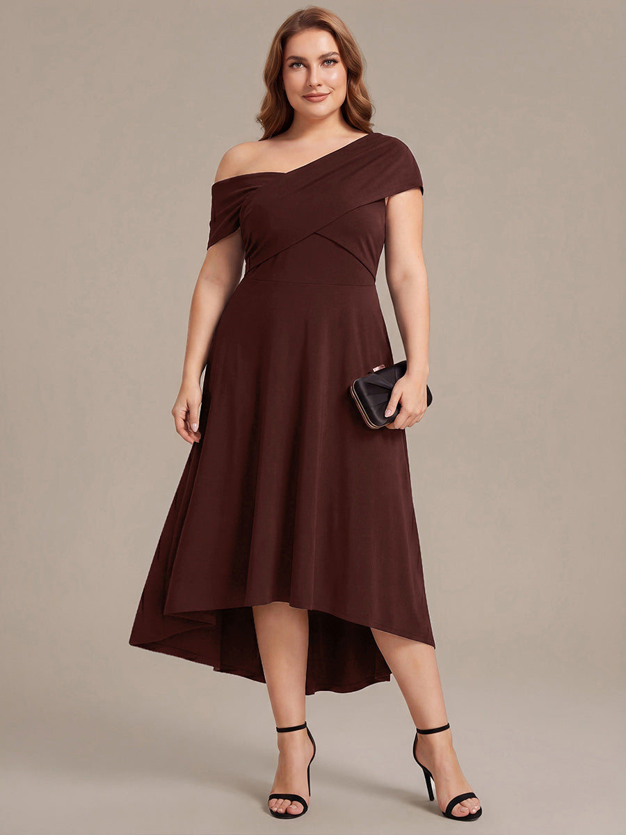 Robe ligne A asymétrique sans manches épaules dénudées col en V tissu extensible #Couleur_Marron chocolat