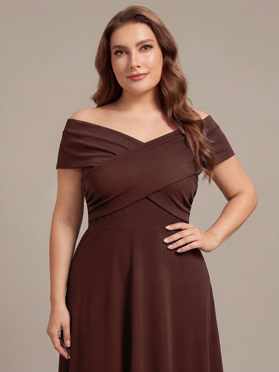 Robe ligne A asymétrique sans manches épaules dénudées col en V tissu extensible #Couleur_Marron chocolat