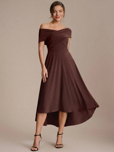 Robe ligne A asymétrique sans manches épaules dénudées col en V tissu extensible
