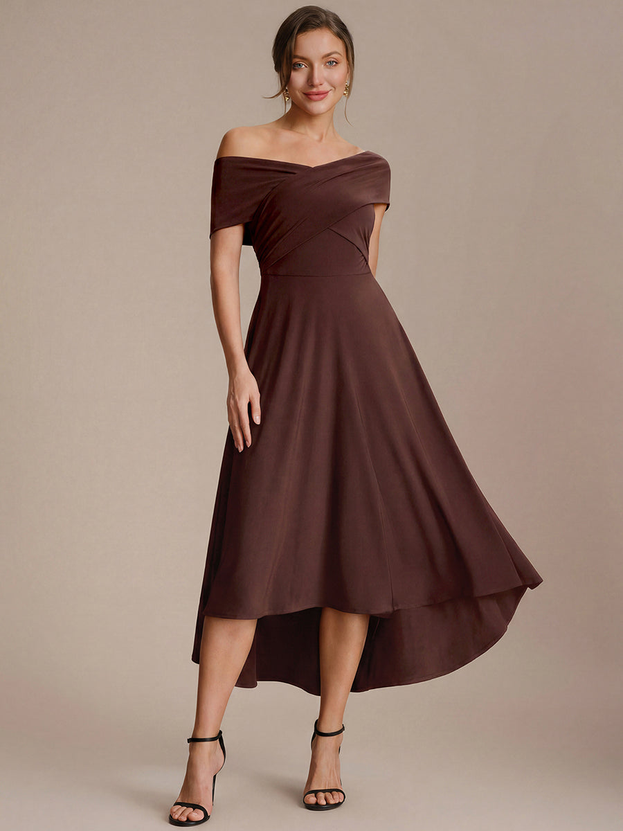 Robe ligne A asymétrique sans manches épaules dénudées col en V tissu extensible #Couleur_Marron chocolat
