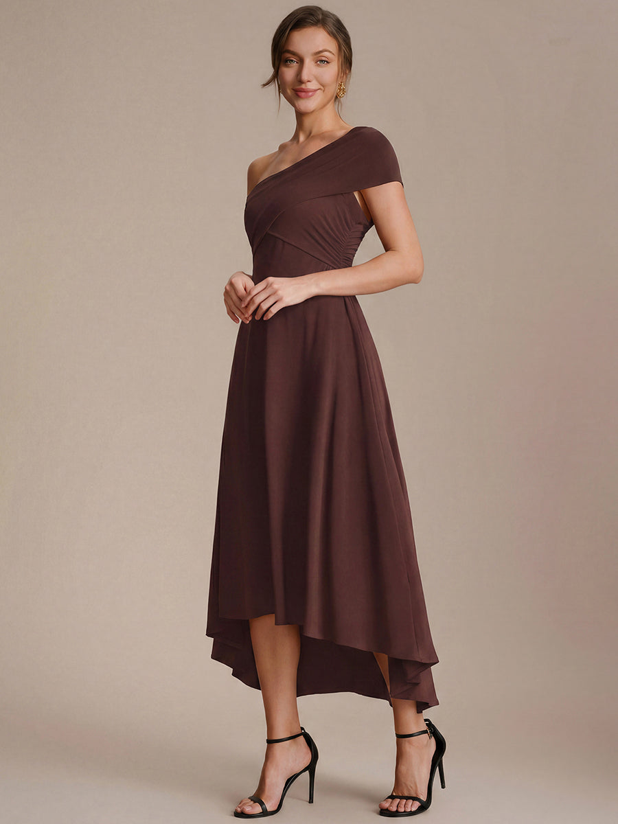 Robe ligne A asymétrique sans manches épaules dénudées col en V tissu extensible #Couleur_Marron chocolat
