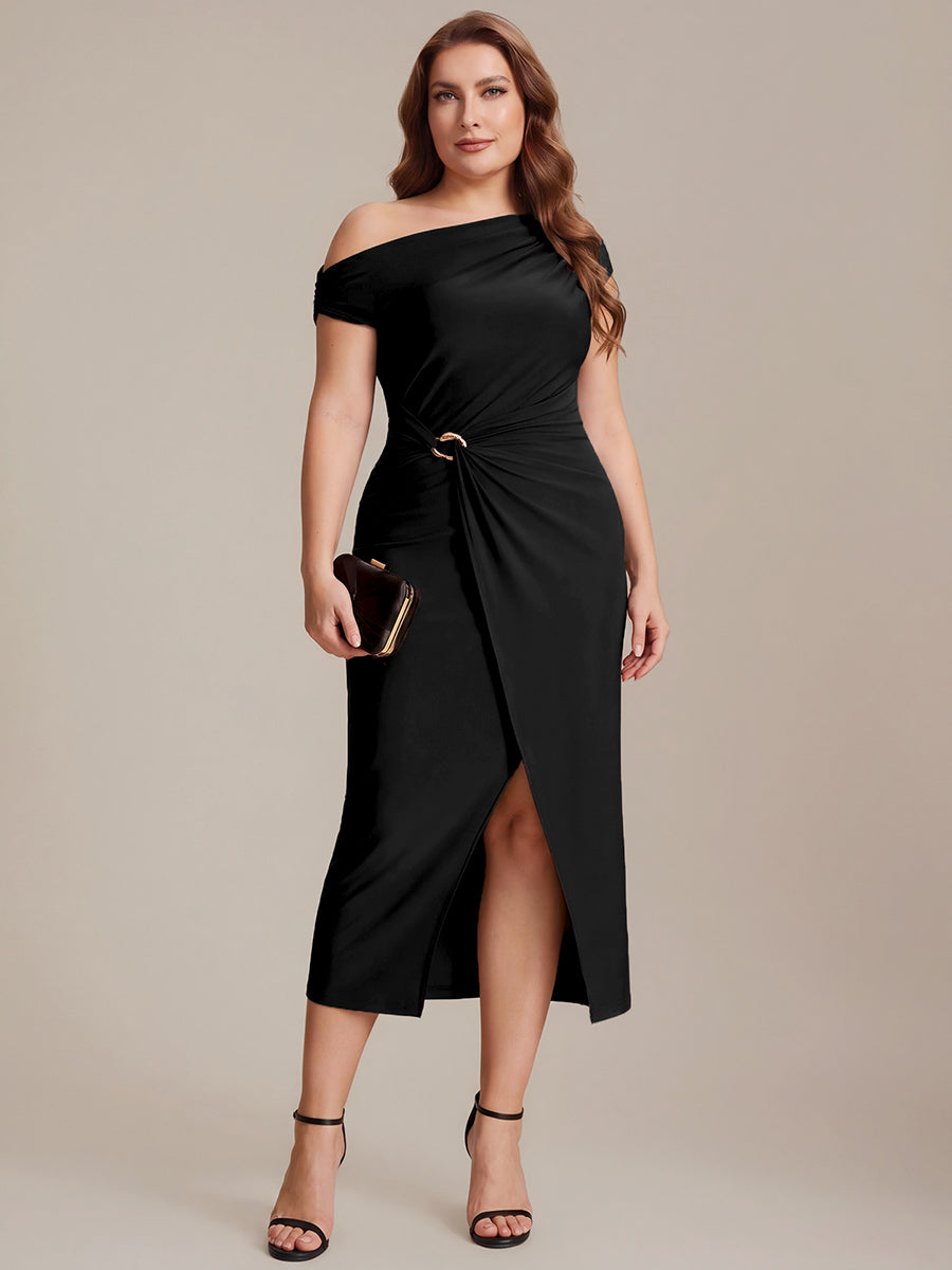 Robe midi moulante asymétrique à une épaule haute élasticité #Couleur_Noir