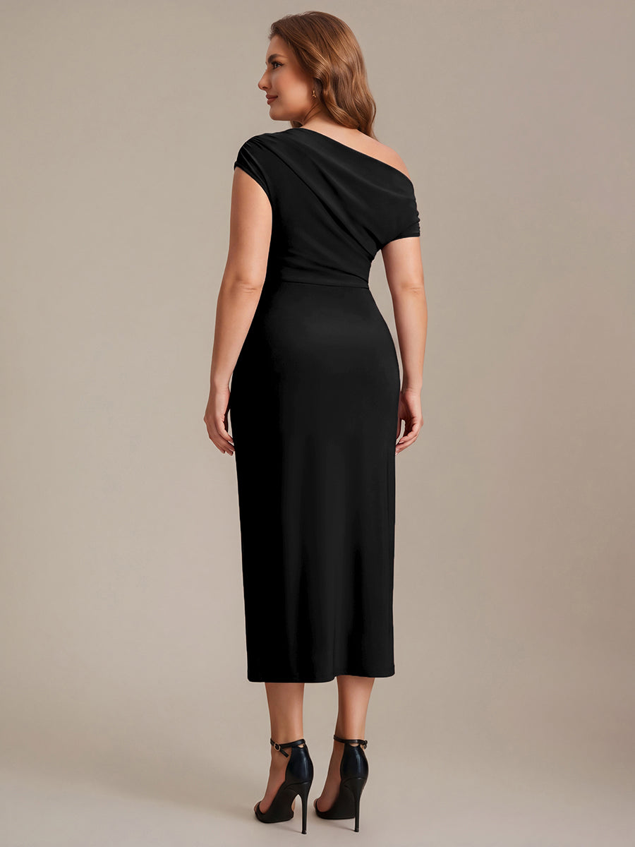 Robe midi moulante asymétrique à une épaule haute élasticité #Couleur_Noir